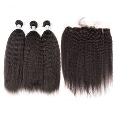 3 Bundle Deals With 13*4 Transparent Frontal Kinky Straight Virgin Human Hair Natural Black